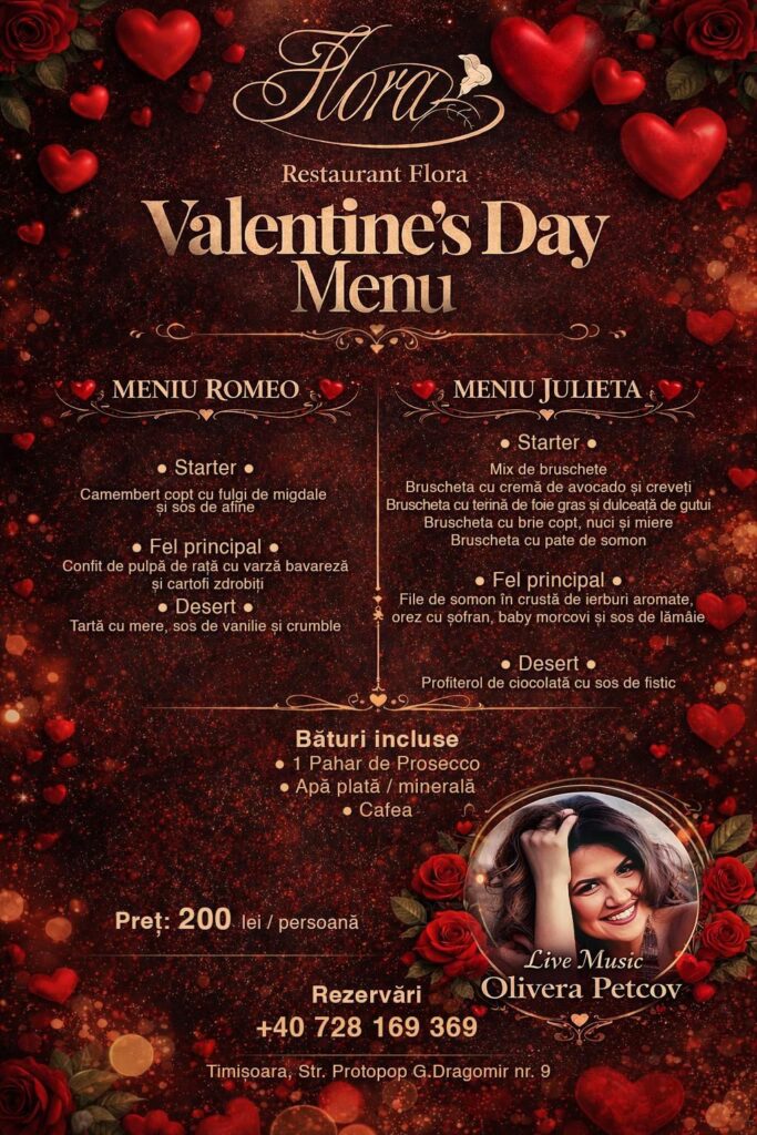 Valentine’s Day cu Olivera Petcov - Restaurant Flora - Valentine’s Day 2026 în Timișoara - FoodCrew
